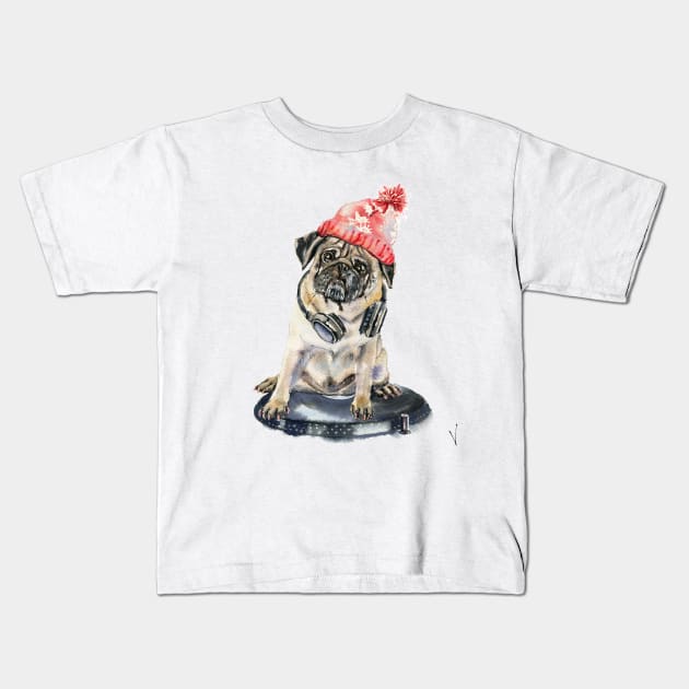 DJ pug dog in a hat Kids T-Shirt by victoriazavyalova_art